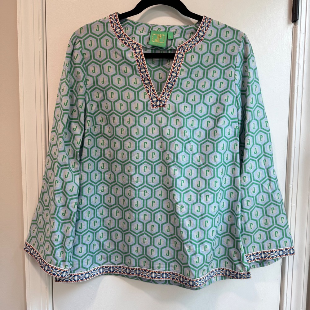 Jules Reid Tunic Top Size 8 Green Geometric Print Embroidered Cotton USA Made